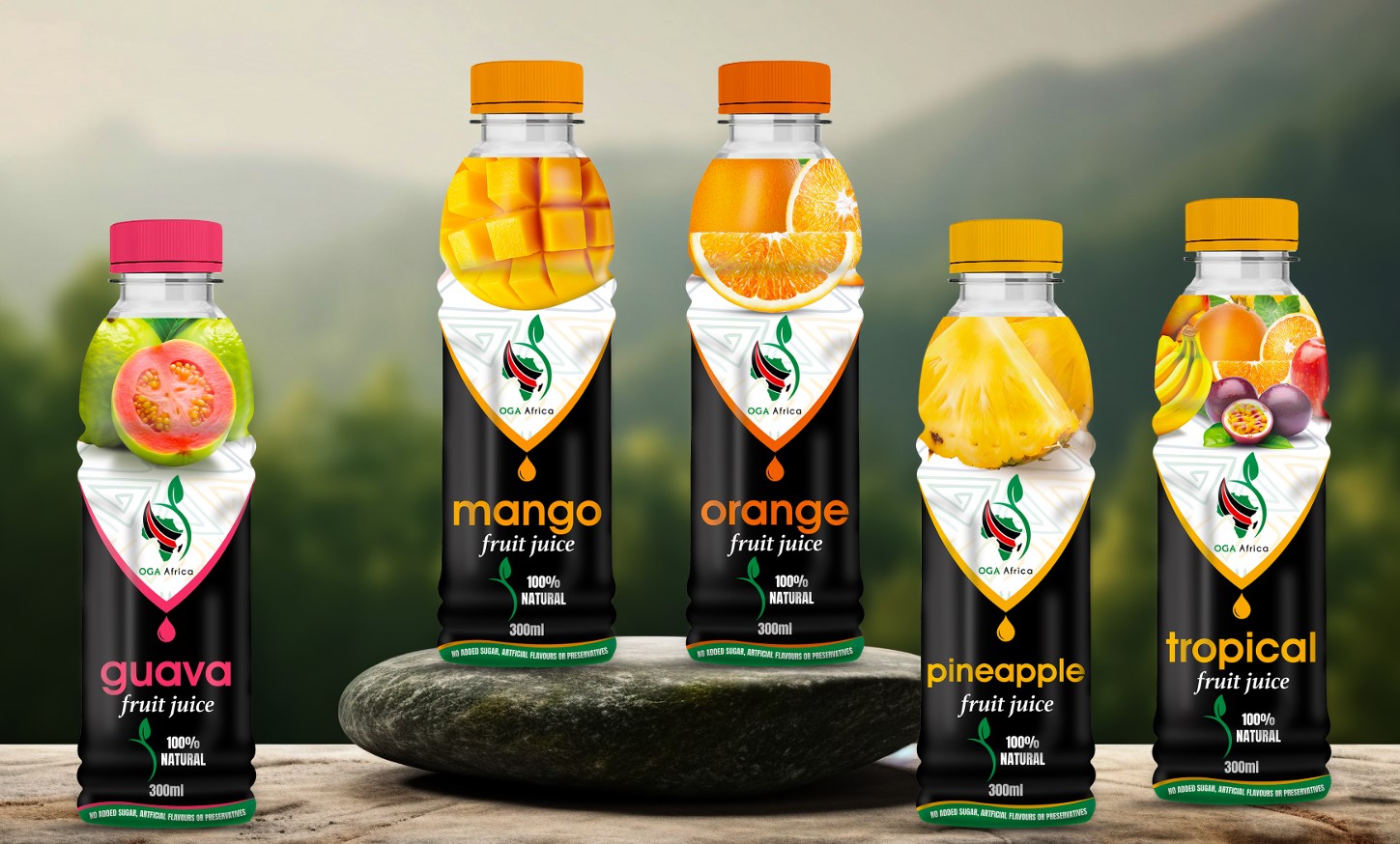 A bottle of OGA Africa Fruit Juice.