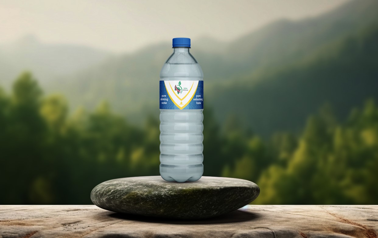 A bottle of OGA Africa Pure Drinking Water.