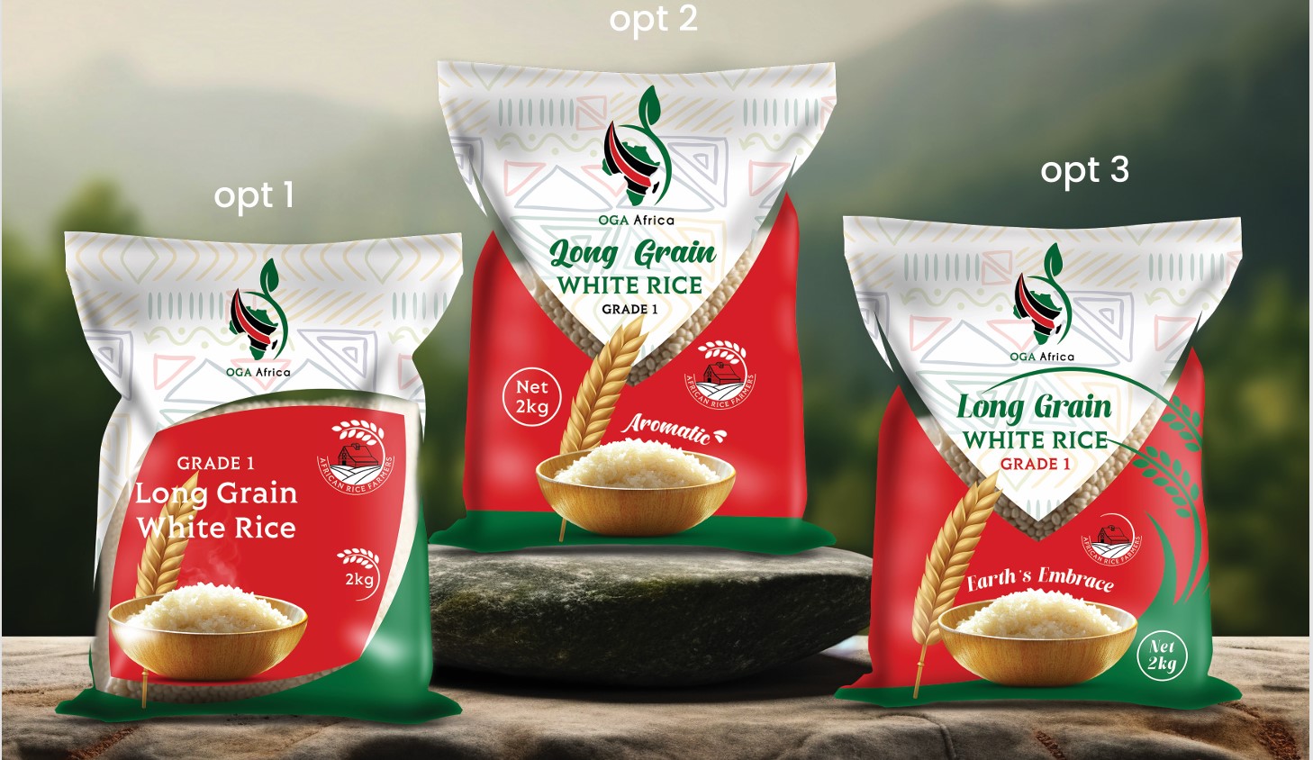 A bag of OGA Africa Long Grain Rice.