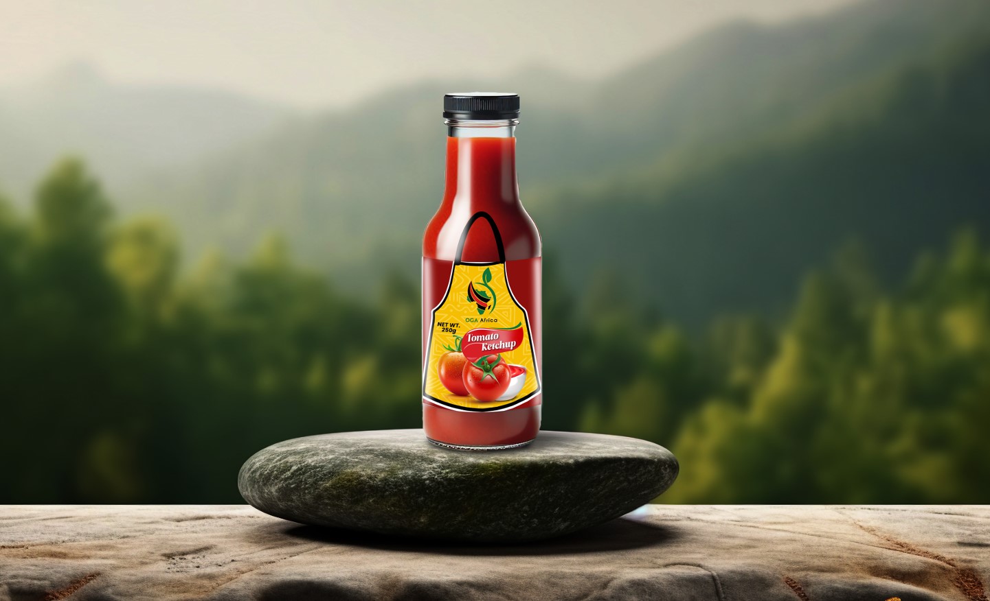 Three bottles of tomato sauce with different labels.